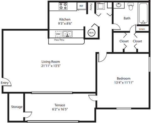 Floor plan for 1 bed, 1 bath, 957 sqft